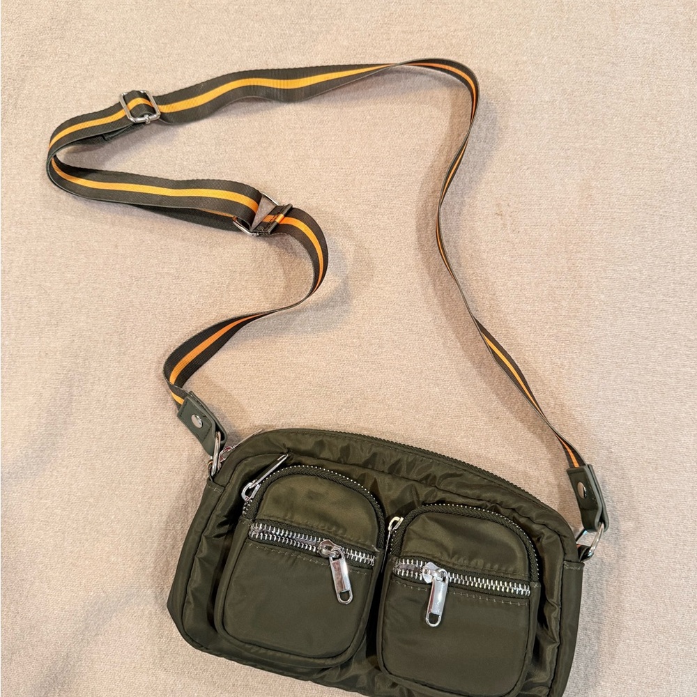 Wild Fable Khaki Crossbody Bag with Striped Strap